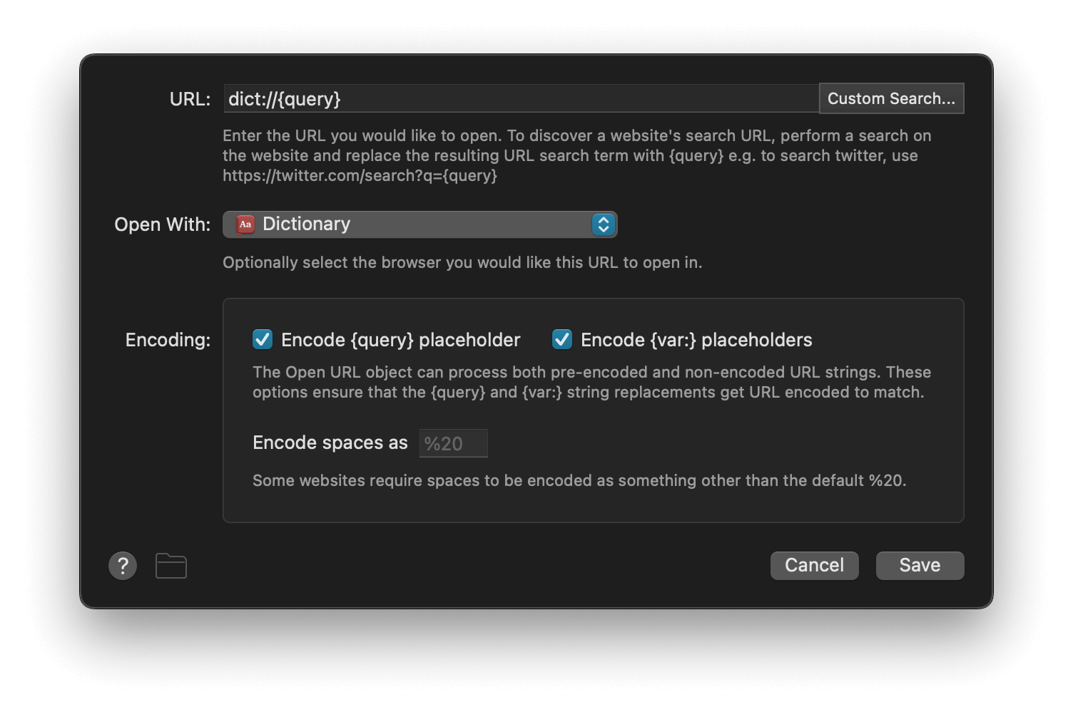 Dictionary Lookup configuration