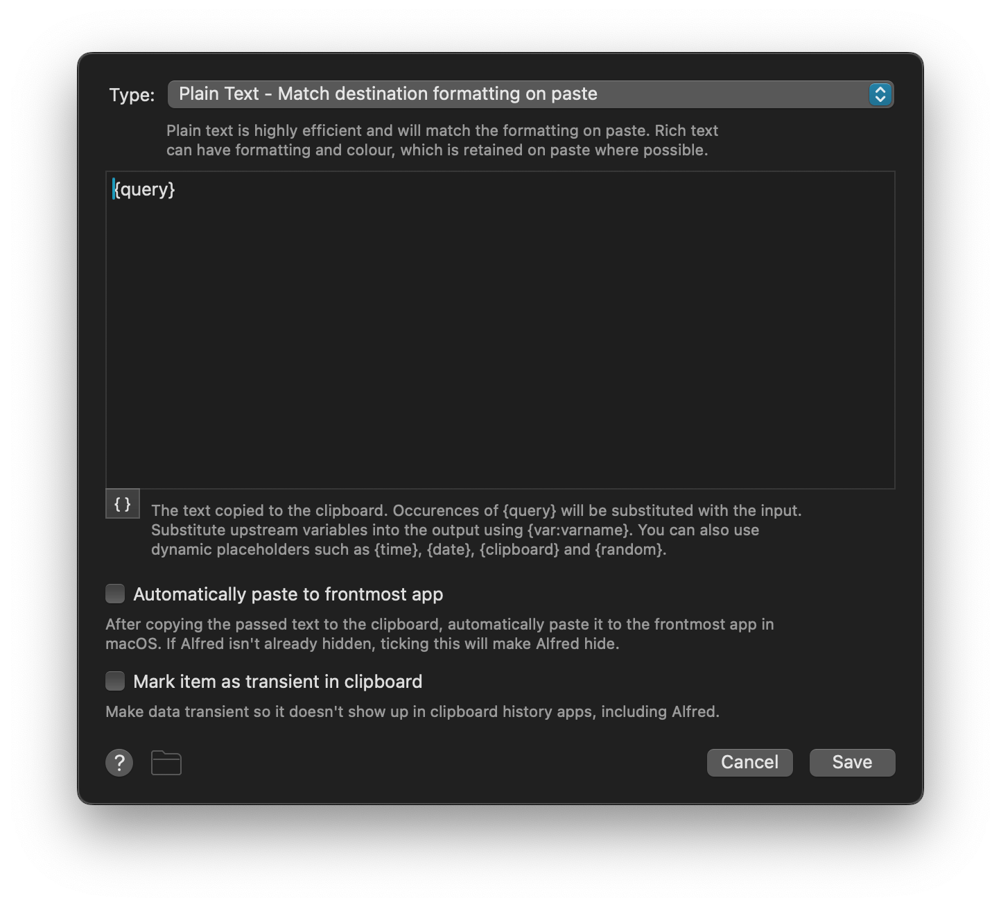 Copy to Clipboard configuration
