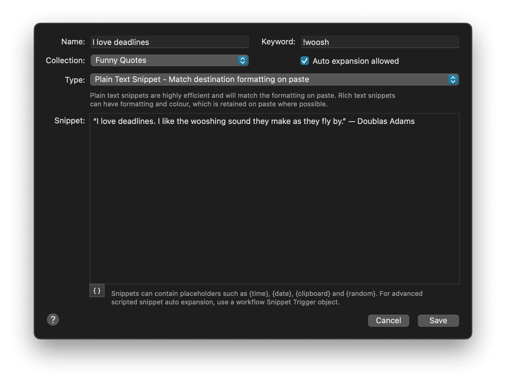 Creating a new snippet